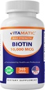 Vitamatic Biotin 10.000 mcg (10 mg) for Stronger Saç, Skin & Nails - 365 Vegan Tabletler - Ayrıca B7 Vitamin B7