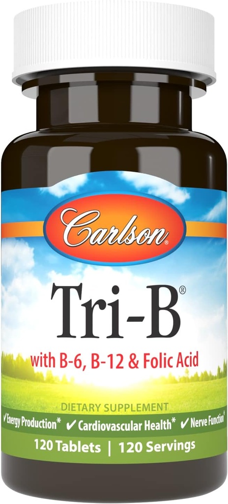 Carlson - Tri- B, Vitamin B Complex, 25 mg Βιταμίνη B-6, 400 mcg Βιταμίνη B-12, Follic Acid Energy Pills, Προώθηση Καρδιαγγειακής Υγείας, B Complex Vitamins, B12 Συμπλήρωμα, B Vitamin Complex, 120 δισκία