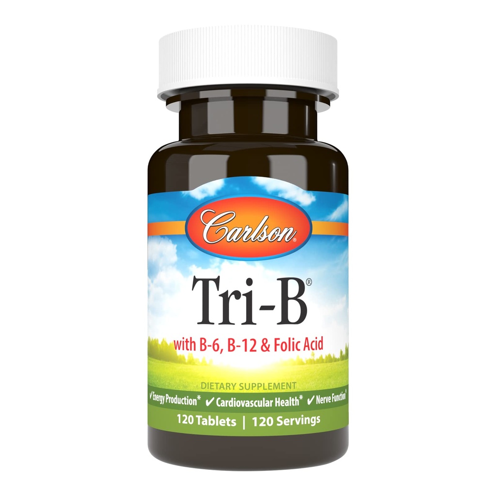 Carlson - Tri-B, B Kompleksi, 25 mg B-6, 400 mcg B-12, Folic Acid Energy Pills, Cardiovascular Health, B Kompleks Vitaminleri, B12 Tamam, B Vitamin Kompleksi, 120 Tablet