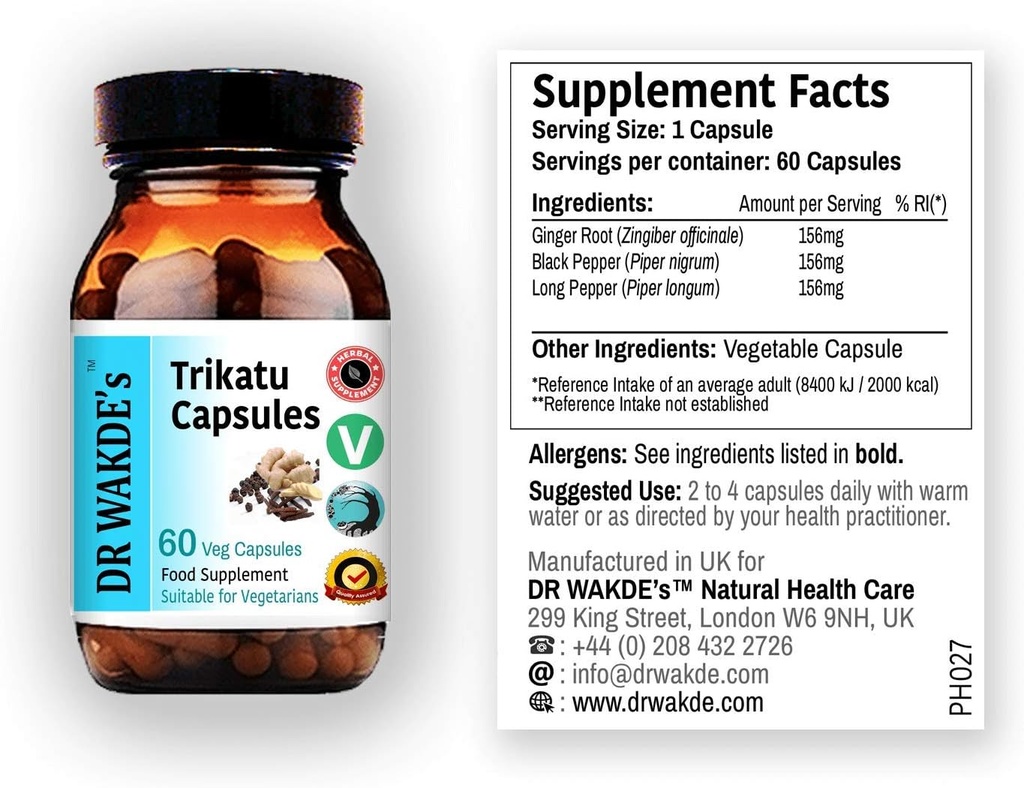 Κάψουλες Trikatu του DR WAKDE (60 Veg Caps, συμπλήρωμα με βάση το φυτό, Ayurvedic Herb, όλα φυσικά, Vegan)