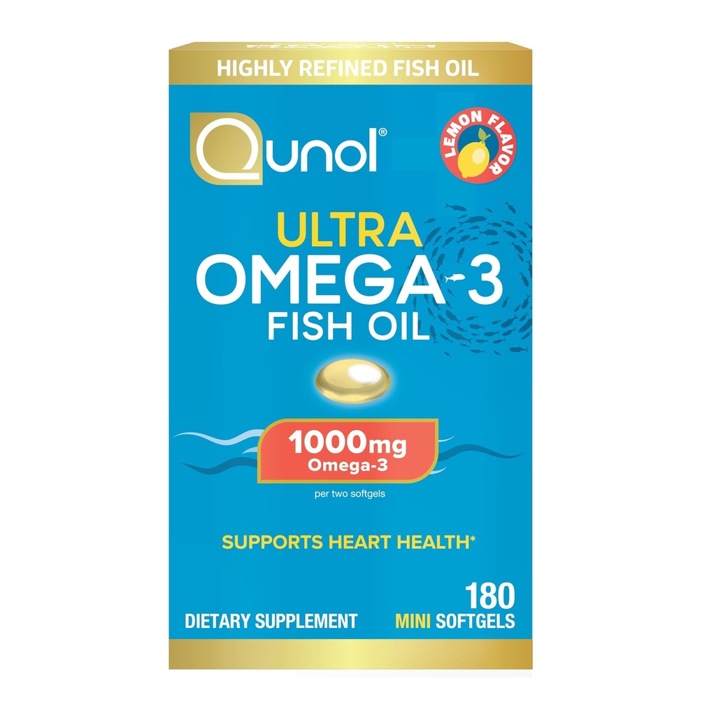 Qunol Fish Oil Omega 3 Mini Softgels, 1000 mg Omega 3 EPA + DHA, Ultra Pure Supplements, Heart Health Support, Lemon Flavor, Easy to Swallow Minis, 3 Ay Supply, 180 Count Count