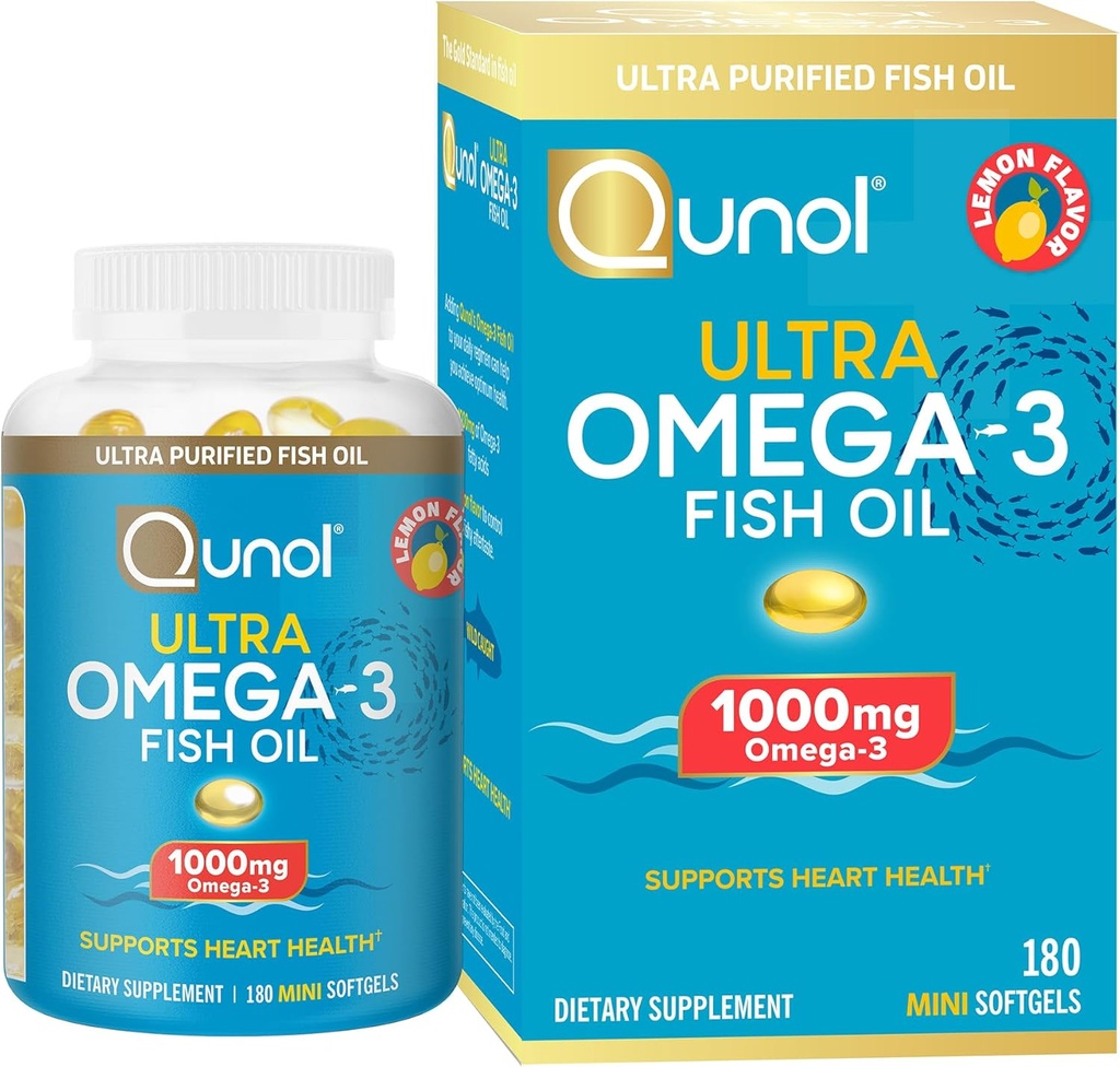 Qunol Fish Oil Omega 3 Mini Softgels, 1000mg Omega 3 EPA + DHA, Ultra Pure Συμπληρώματα, Υποστήριξη για την Υγεία της Καρδιάς, Λεμόνι Γεύση, Εύκολο στην Κατάποση Minis, 3 Μήνες Προμήθεια, 180 Μέτρα