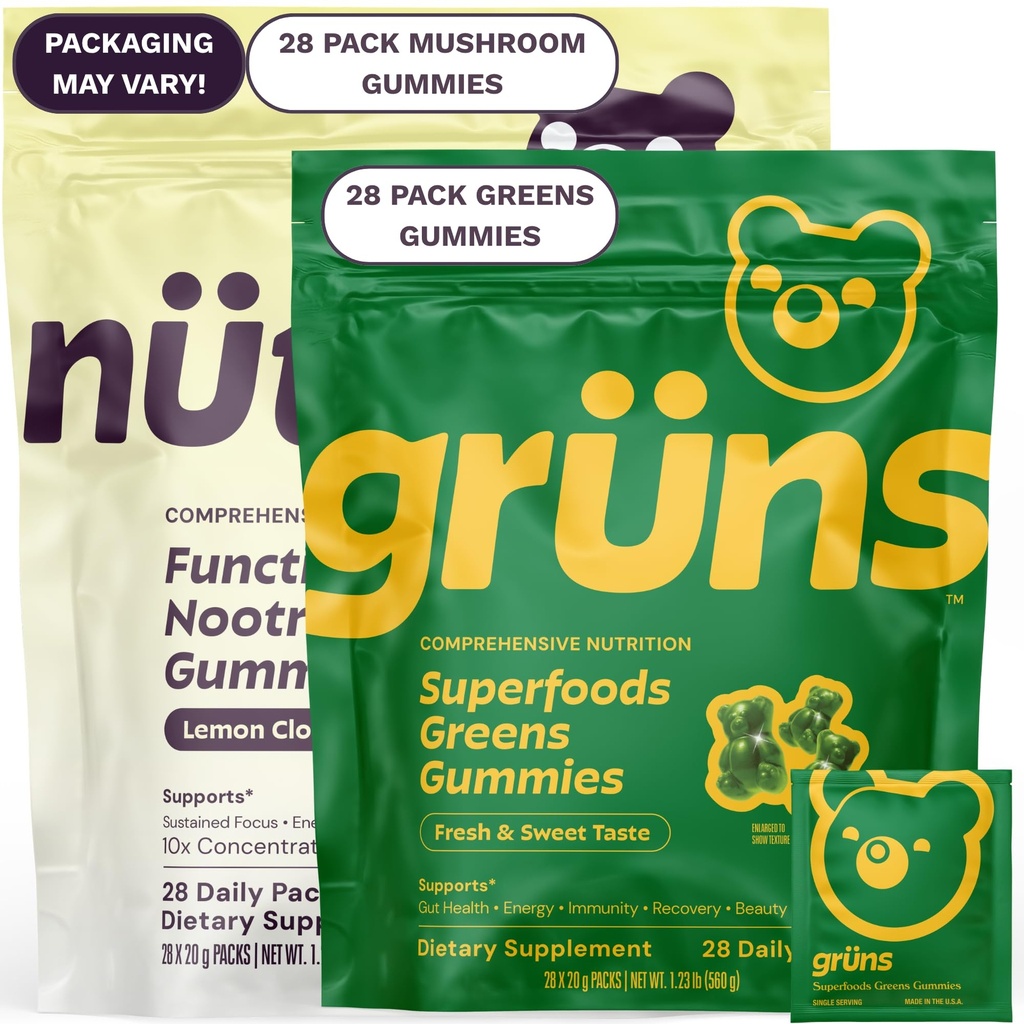 Gruns Superfood Green + New Nütrops Gummy Sche, Organik Beslenme Supplement 2 x 28 Pack: Multivitamin, prebiyotikler, adaptogens + Nootropic Mushroom Herbal Supplement to Support Mood, Focus, Gutrop