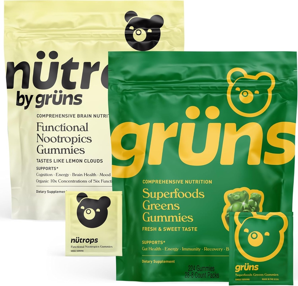 Gruns Superfood Green + New Nütrops Gummy Sche, Organik Beslenme Supplement 2 x 28 Pack: Multivitamin, prebiyotikler, adaptogens + Nootropic Mushroom Herbal Supplement to Support Mood, Focus, Gutrop