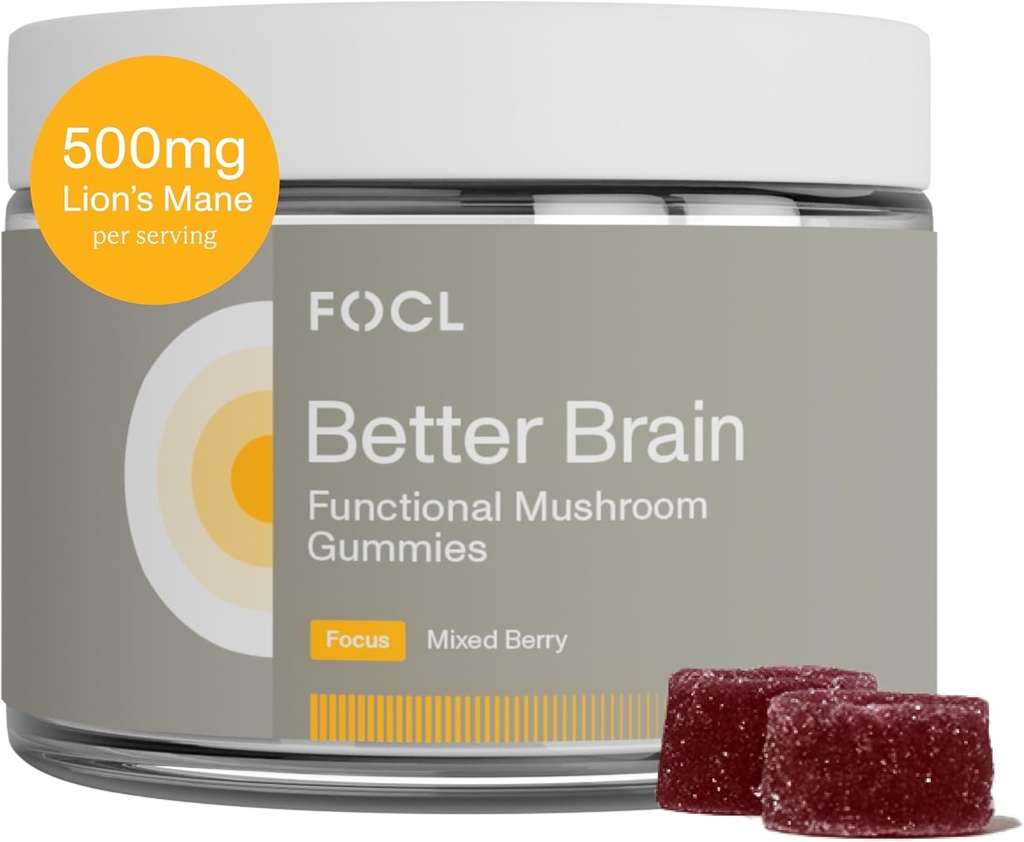 FOCL Lions Mane Mushroom Gummies - Mushroom Supplement for Brain Function, Focus, Memory, Energy, Immune Boost, Stamina - Nootropic Kompleksi Lion's Mane, Reishi, Cordyceps - Vegan, Gluten Free, Organic Function