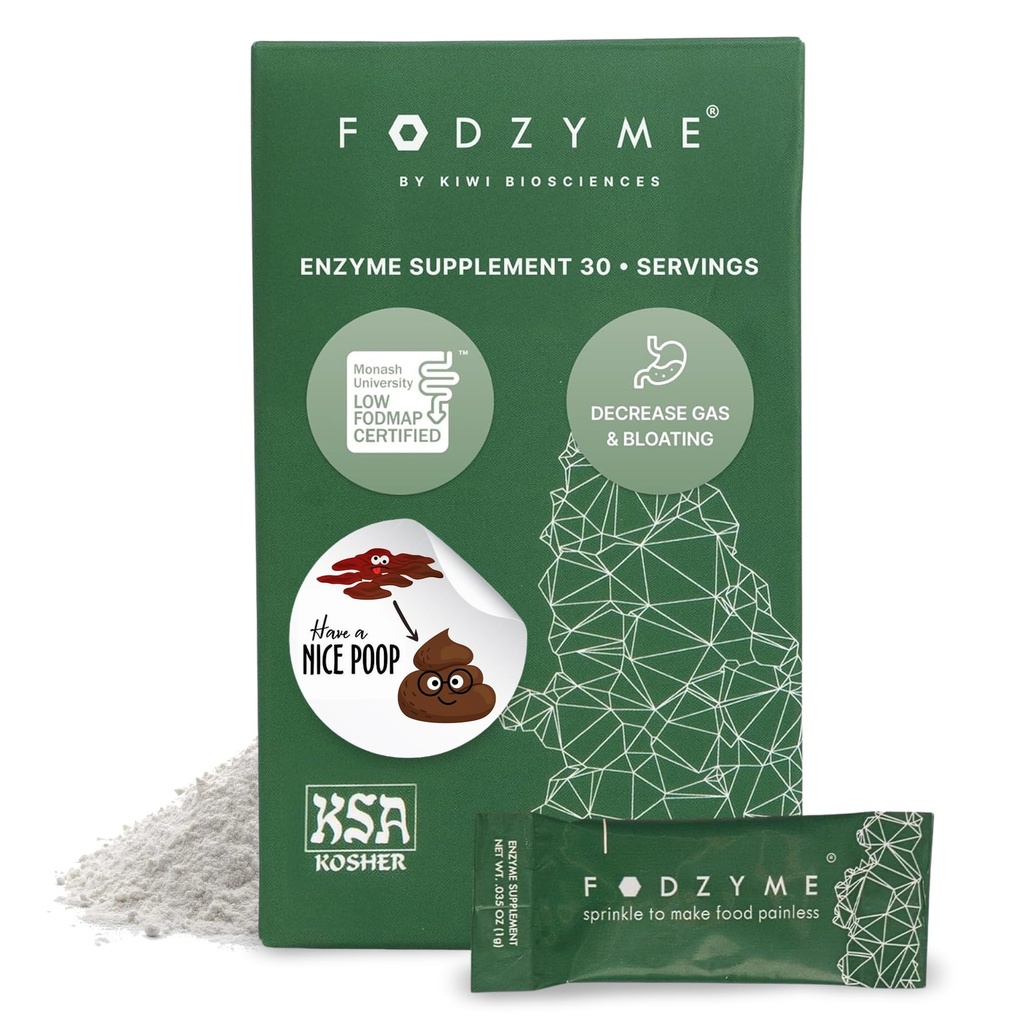 FODZYME® On-Go Digestive Enzymes for Gut Health, Relief for Bloating, Gas, Constipation, Diarrhea, Abdominal Ağrı, Low FENGAP, 30 Dose