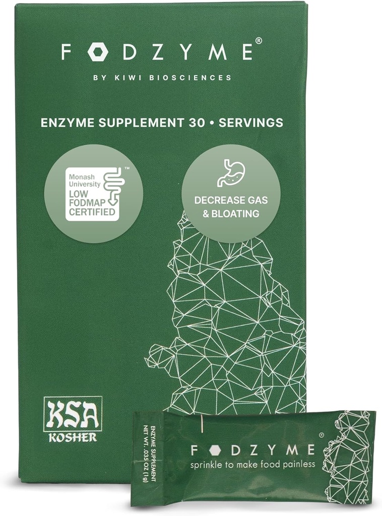 FODZYME® On-The-Go Digestive Enzymes for Gut Health, Relief for Bloating, Gas, Constipation, Diarrhea, Κοιλιακό άλγος, Χαμηλή FODMAP, 30 Δόση