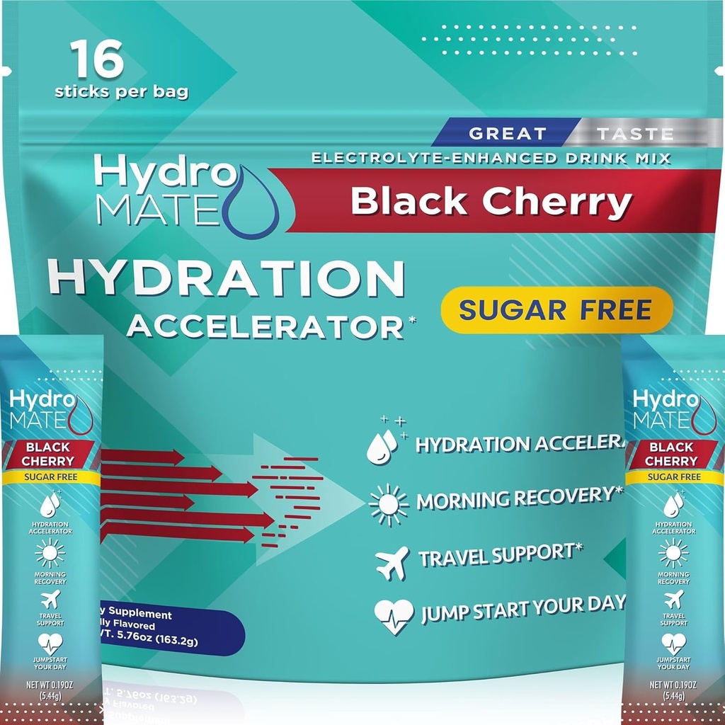 Elektrolyte Toz Sugar-Free Hydration Packets Black Cherry HydroMATE 16 Sticks
