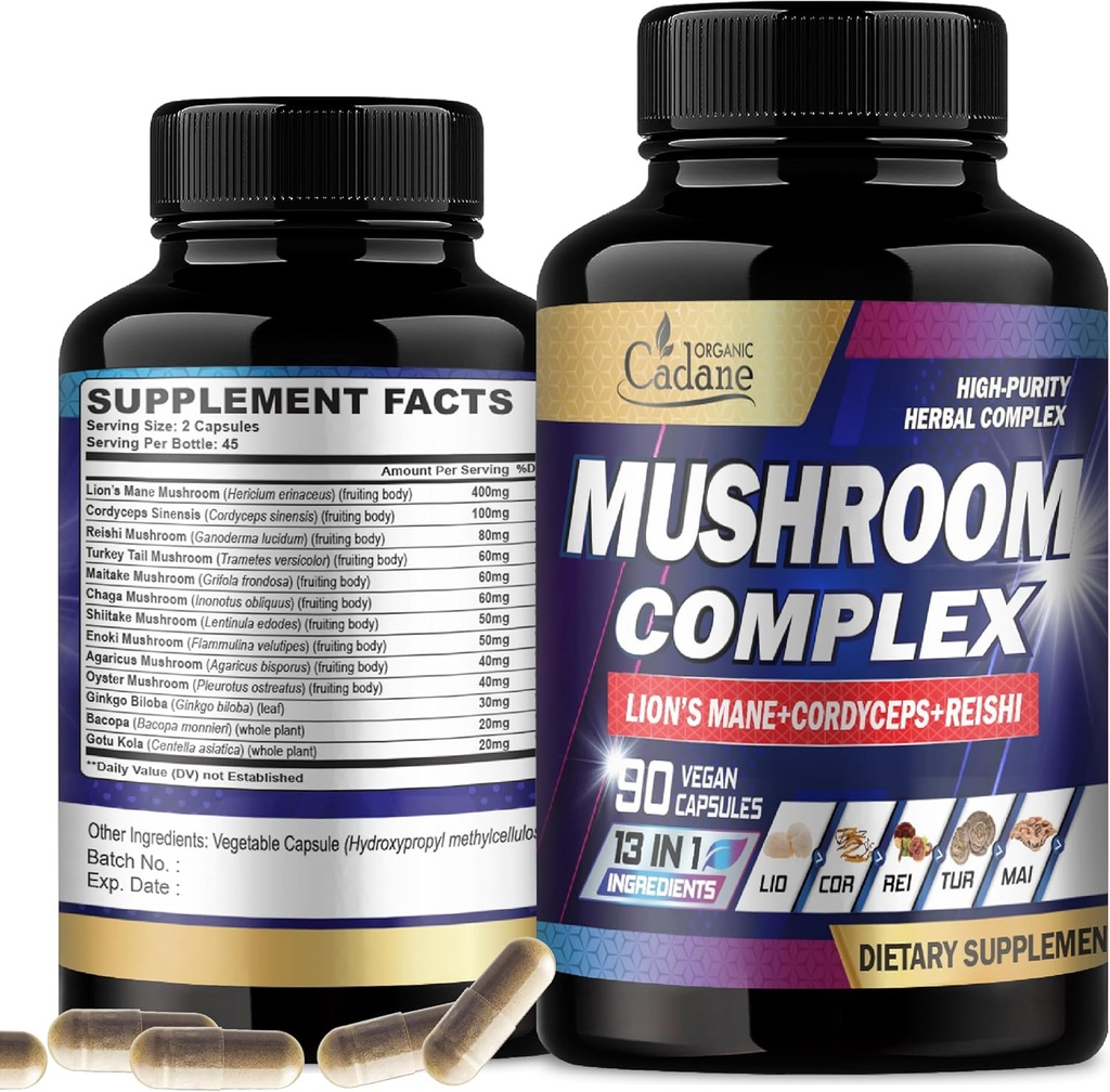 Organik Cadane Mushroom Kompleks Supplements - Brain Health, Immune System, Memory & Energy Production - 13in1 with Lions Mane Mushroom, Bacopa, Reishi & More - 90 Vegan Capsules