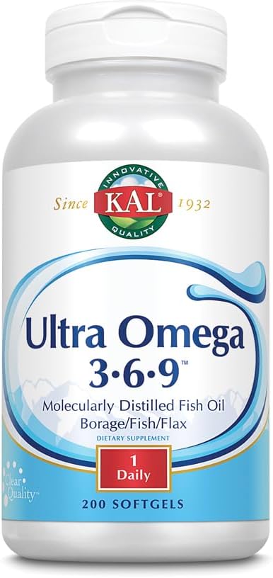 KAL Ultra Omega 3-6-9 1200 mg | Fish Oil w/Cold Pressed Flaxseed & Borage Oil | Skin, Hair, Heart, Memory | 200 Softgels