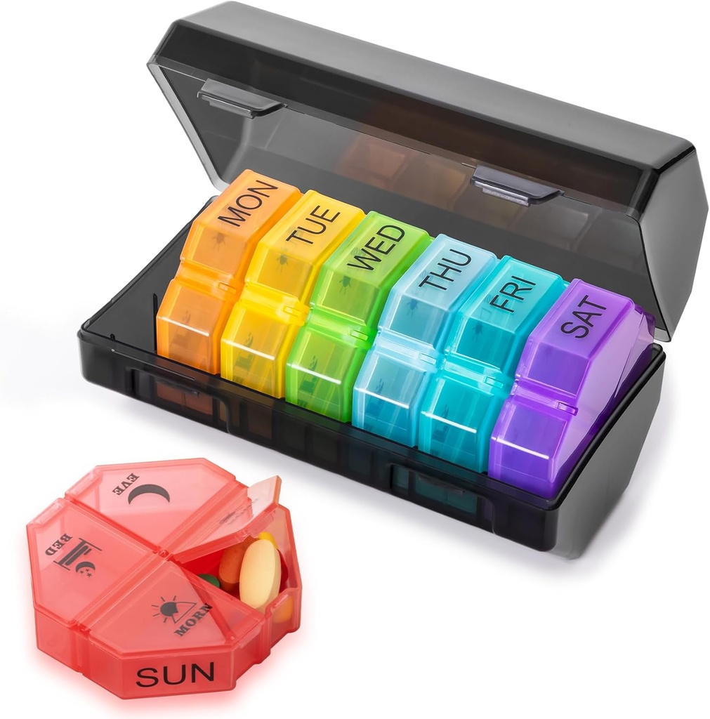 Haftalık Pill Organizer 4 Times a Day, Büyük Pill Box 7 Günlük Pill Case with 28 Ekstra Büyük Karşılaştırmalı Portre Seyahat Pill Konteyner Big Medicine Organizer for Supplement Vitamin (Rainbow)