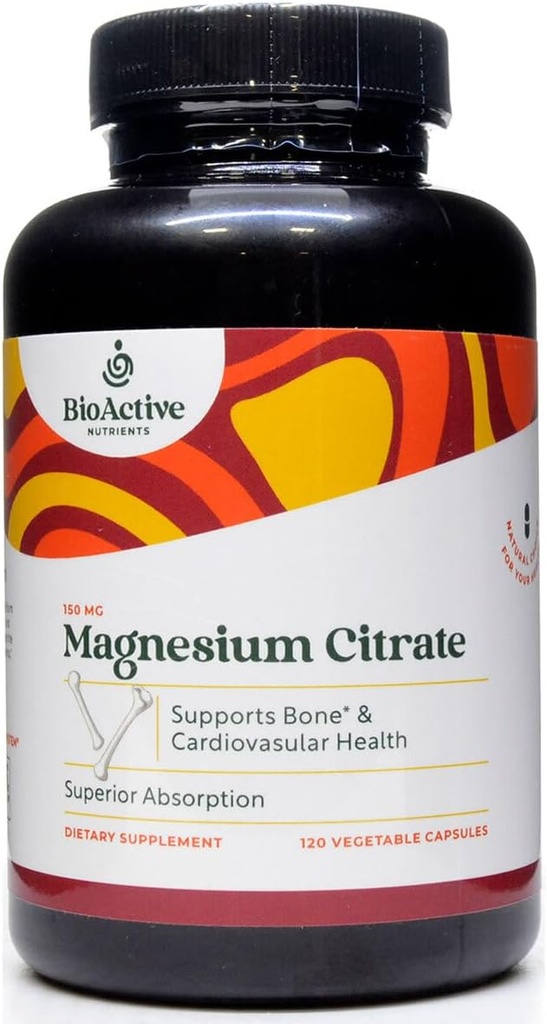 BioActive Nutrients - Magnezyum Citrate - 300 mg - 120 mg Sebze Capsules - Destekler Kalp Sağlığı, İnek Sağlığı, Rahatlama Yardımı - Gluten-Free