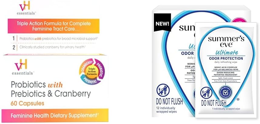 vH basics Probiyotiks with Prebiyotiks and Cranberry 60 Capsules and Summer's Eve Ultimate Odor Control Feminine Wipes with Boric Acid 12 ct