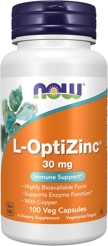 NOW Συμπληρώματα τροφίμων, L-OptiZinc® 30 mg με χαλκό, εξαιρετικά βιοδιαθέσιμη μορφή, ανοσοποιητική υποστήριξη*, 100 κάψουλες Veg