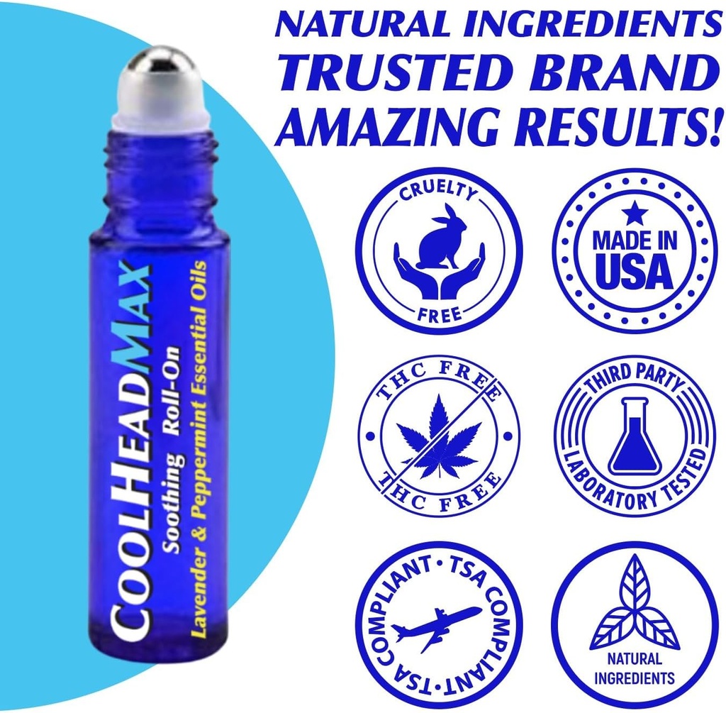 CoolHead Max Roll On, Natural Peppermint Essential Oil Migraine Relief, Headache Support Roller, Fast Soğutma Comfort for Your Head, 3 Pack