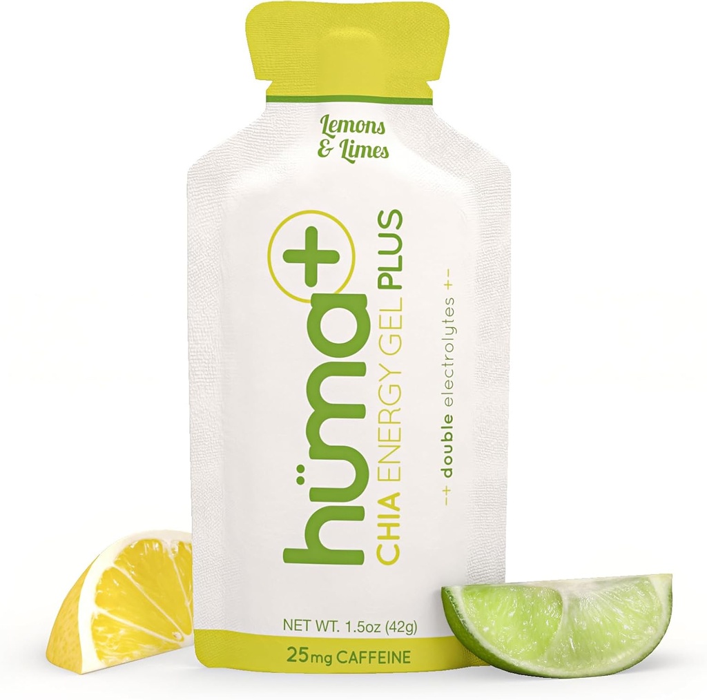 Huma Plus (Çift Elektrolytes) - Chia Energy Gel, Limon Lime, 12 Gels, 25 mg Caffeine - Stomach Friendly, Real Food Energy Gels