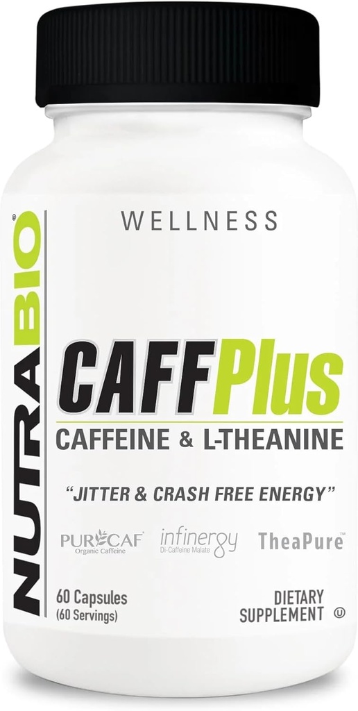 NutraBio CaffPlus, Sağlıklı Enerji Boost için Theanine ile Dual Source Caffeine - 60 Sebze Kapsülleri