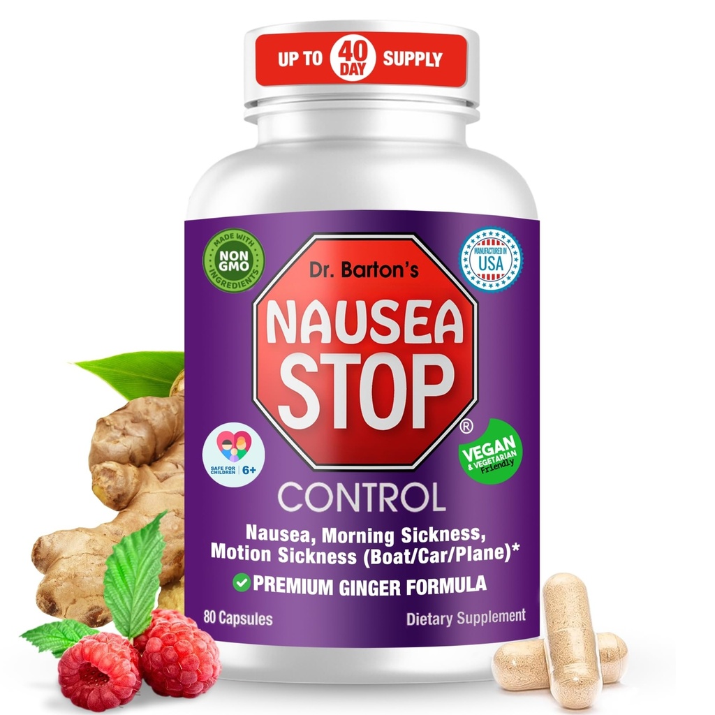 Dr. Barton'un Nausea Stop - Natural Ginger, Non-Drowsy Nausea Relief Pills for Yetişkinler & Çocuklar, Anti Nausea, Upset Stomach, Morning Hastaness & Orchid Nausea - Travel Essentials - 80 Capsules (1 Pack)