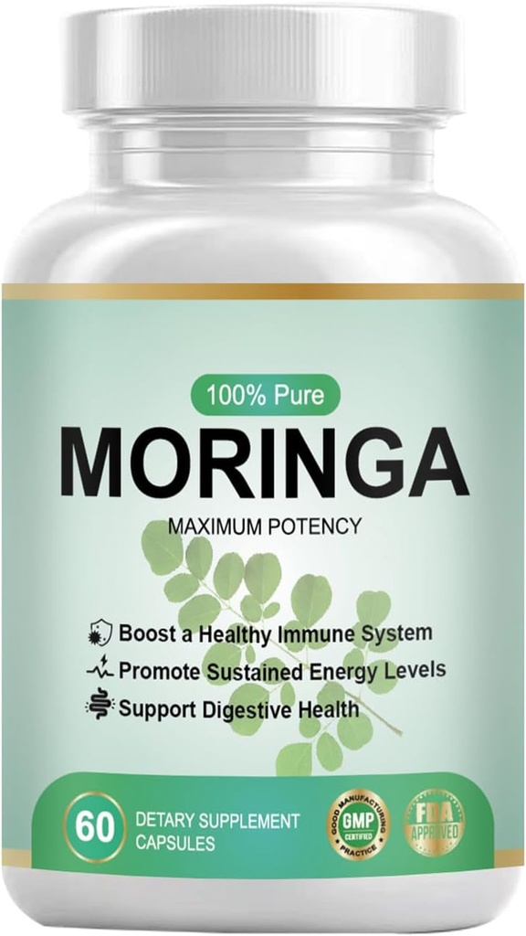 Saf Organik Moringa Toz Kapsülleri - Kadınlar ve Erkekler için Moringa Supplement - Nature's Multivitamin, Vegan Green, Gluten-Free, Non GMO - Energy, Skin, Metabolism, Gut & Immune Support - 60 Capsules
