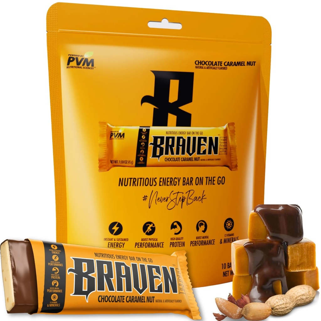 Braven Bar σοκολάτα Caramel Nut Energy Bars (1,59 oz, πακέτο των 10) – Ενεργειακά μάσημα με 5g πρωτεΐνη – On-the-Go Ενεργειακά σνακ για τρέξιμο, πεζοπορία, και Αθλητισμός - Χωρίς γλουτένη για διαρκή ενεργειακή ενίσχυση