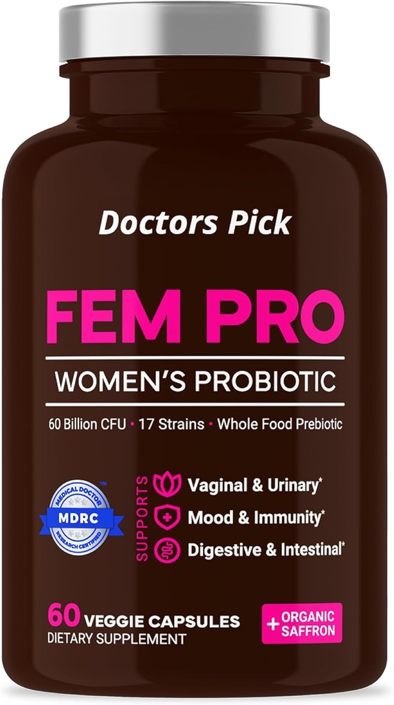 Kadın için Fem Probiyotiks. 17 Klinik olarak Vaginal, Digestive & Immune Support, Urinary Tract Health, PH Balance and Mood 60 Veggie Capsules, 2 Ay Supply