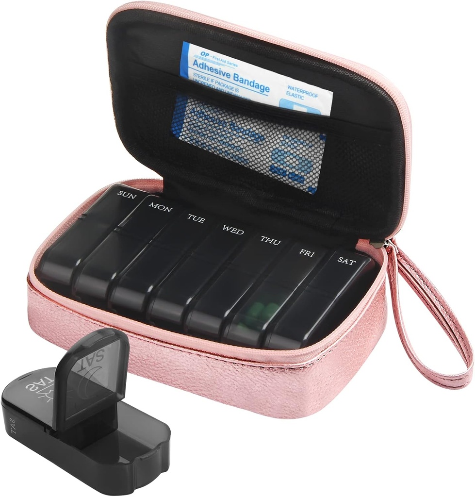 Haftalık PU Deri Pill Bag Organizer Case 2 Times a Day, AM PM Daily Pill Box to Hold Vitamin, Fish Oil, Supplements and Medicine (Pink)