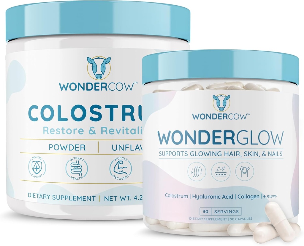 WONDERCOW Colostrum Unflavored + WonderGlow Hair Skin ve Nails Vitaminleri, Daha Hızlı Saç Büyümesini Destek, Güçlü Nails ve Glowing Skin