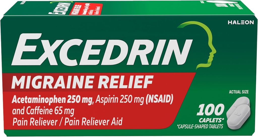 Excedrin Ημικρανία Ανακουφιστικά Caplets για τα συμπτώματα της ημικρανίας, Acetaminophen 250mg, Aspirin 250mg, Caffeine 65mg, Pain Reliever, 100 Count