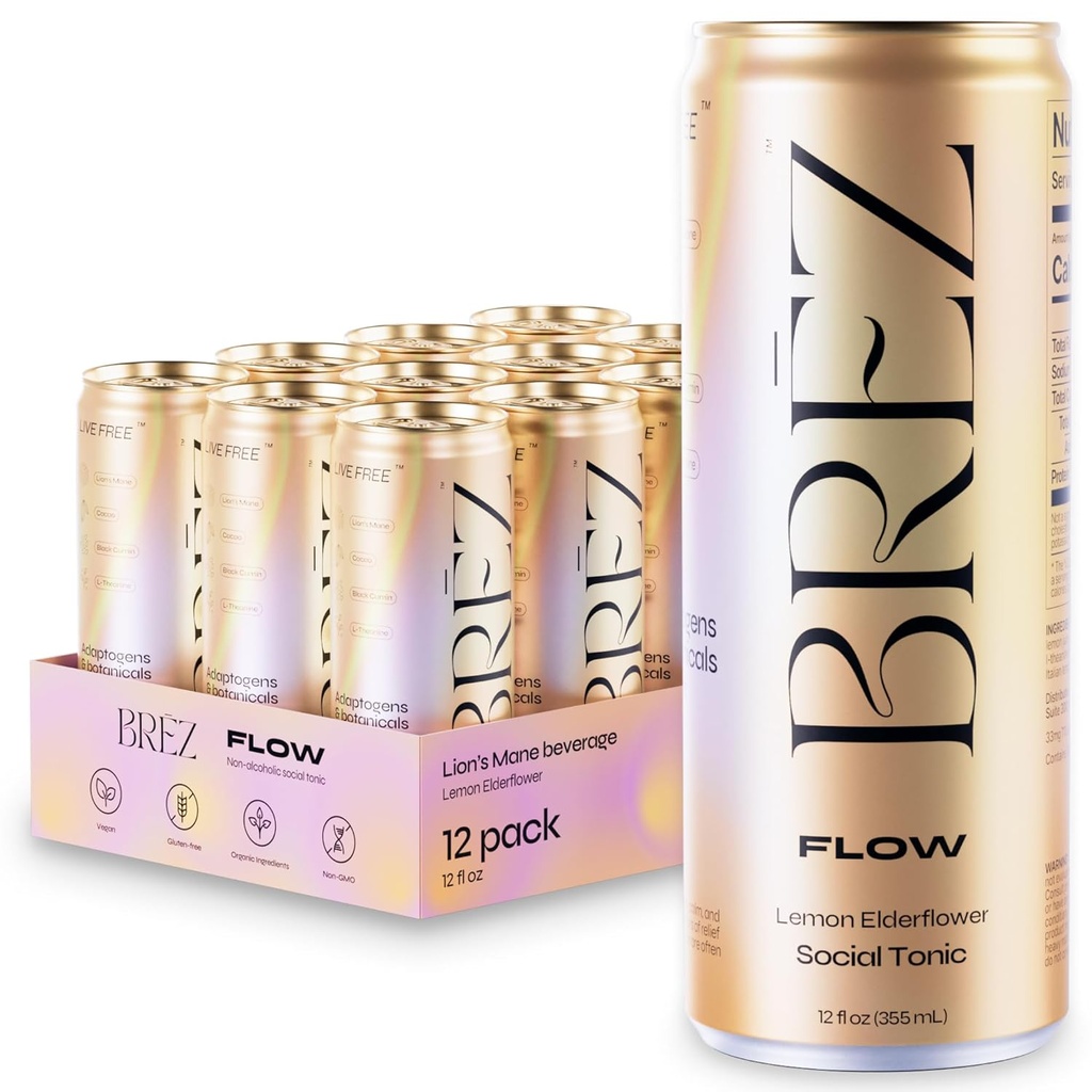 BREZ FLOW Lion's Mane Mushroom Drink,12-Pack, Non-Infüzyon, Adaptogens, Relieving, Uplifting, and Social, Sparkling Lemon Elderflower Tonic 12 Fl oz