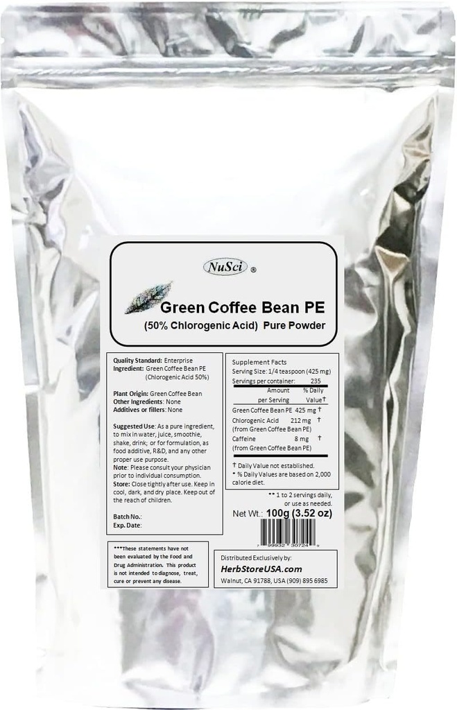 Green Coffee Bean Extract Toz, Standartlaştırılmış 50% Klorojenik asit (100 Grams (3.52 oz))