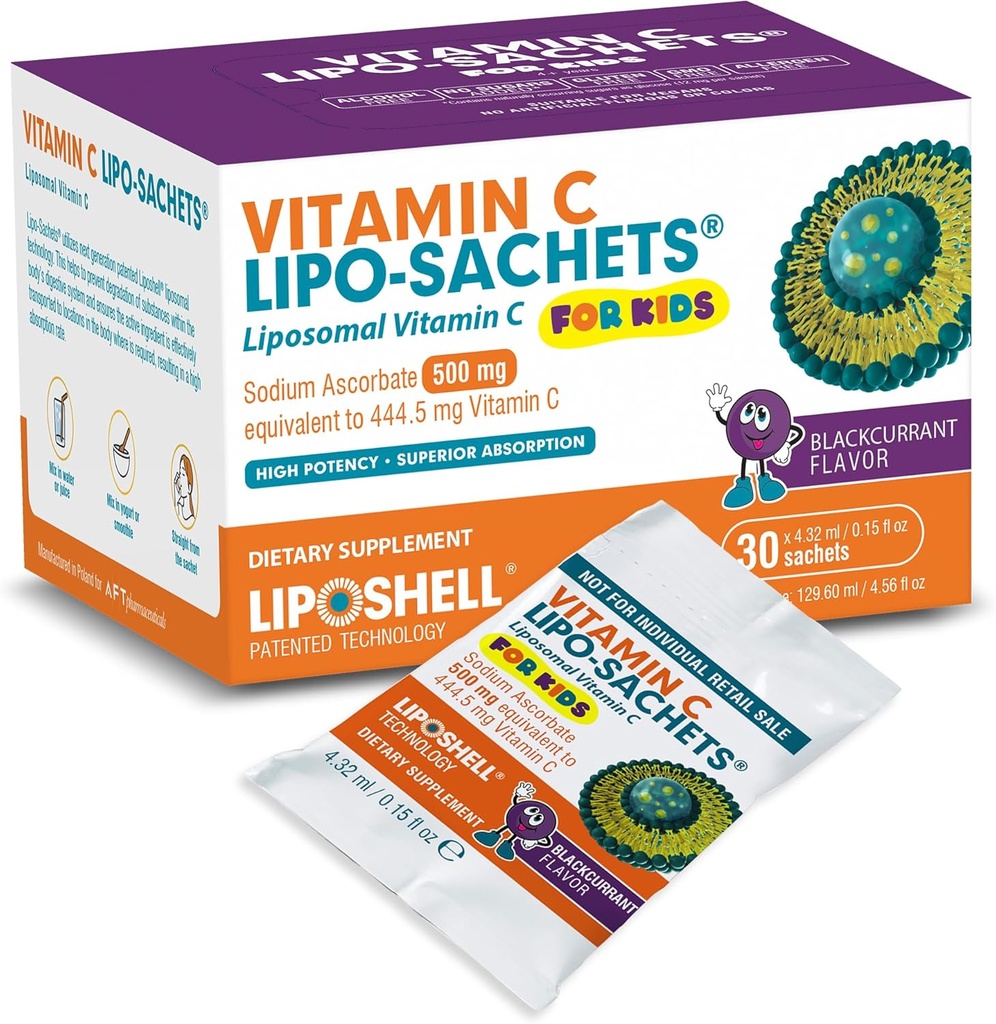 Lipo-Sachets Kids Liposomal Vitamin C - Çocukların Immune Desteği için 500 mg - Blackcurrant Flavour Vitamin C for Kids - High Abpole, No Ek Olmayan Şeker - 30 Packets