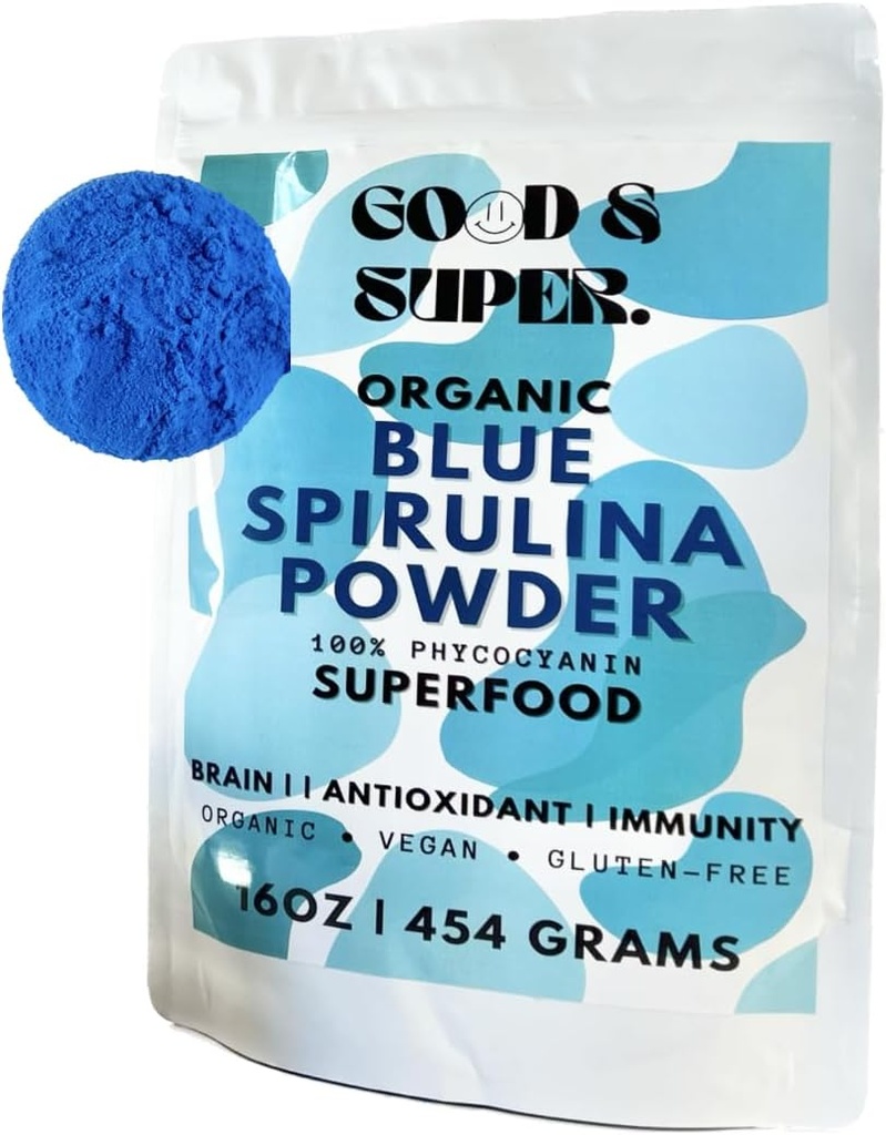 Βιολογικό μπλε σκόνη Spirulina - Μαζική συσκευασία 1 Λίβρα, 100% Phycocyanin, καθαρό σούπερ φαγητό από τα μπλε φύκη - για φυσικό χρωματισμό τροφίμων, smoothies & πρωτεϊνούχα ποτά, Vegan - καθαρό εκχύλισμα νερού