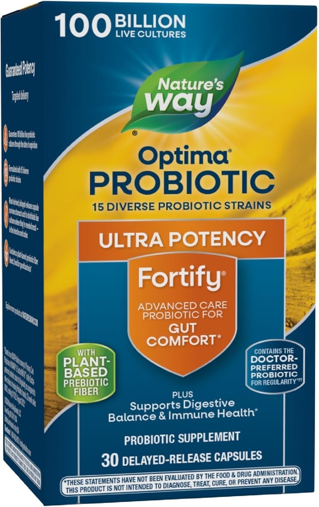 Nature's Way Fortify Optima Probiotic for Adults, 100 Billion Live Cultures, 15 Strains, Supports Digestive and Immune Health*, Plant-Based Prebiotic Fiber, 30 Capsules (Packaging May Vary)