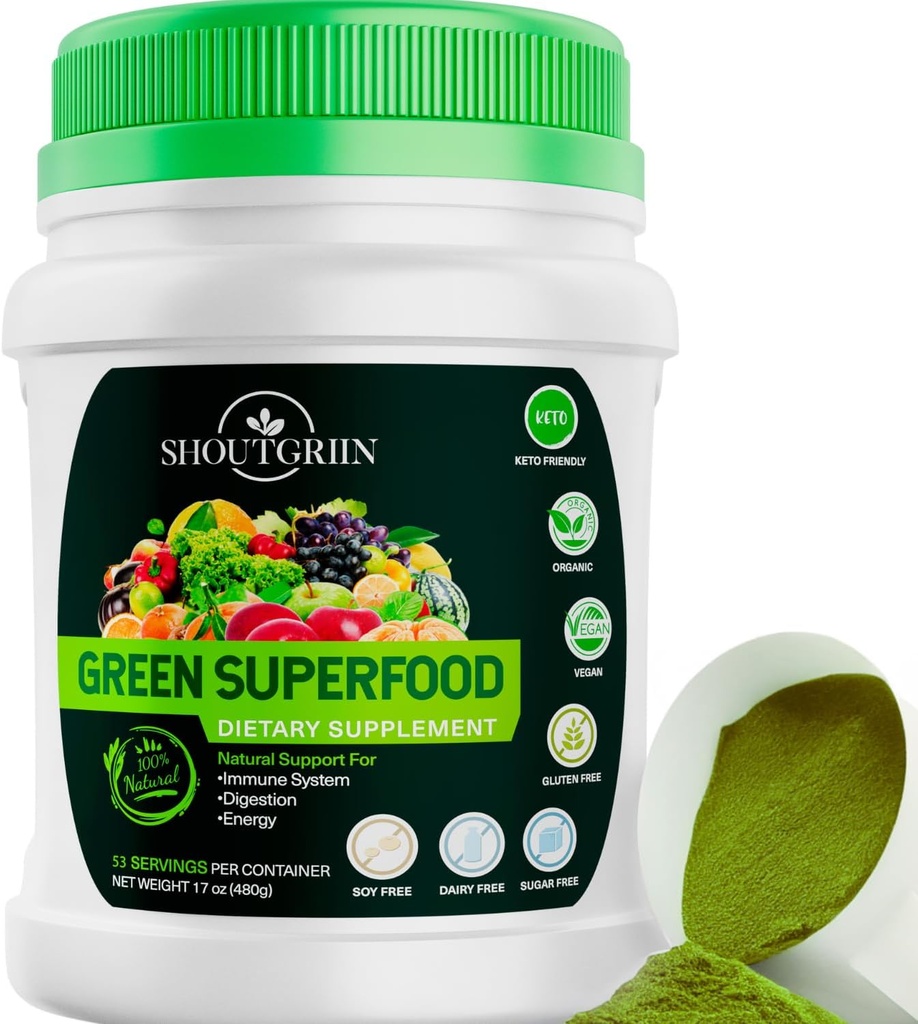 Green Superfood Powder – Organic Super Greens Drink for Bloating, Energy & Digestion – Daily Vegan Detox Supplement with Spirulina, Chlorella, Prebiotics – 53 Servings