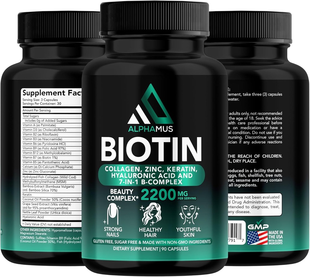 Keratin ile Biotin ve Collagen Supplements - Biotin 5000mcg Capsules for Saç Büyümesi, Sağlıklı Skin & Nails - Hyaluronic Acid & Vitamin-B Kompleksi Kadın ve Erkekler için 90 Capsules
