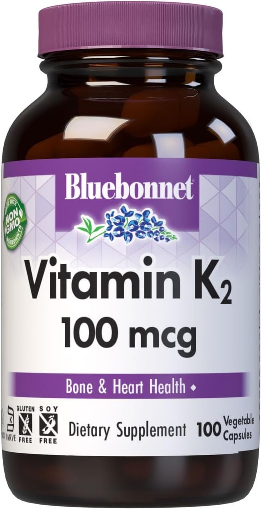 Bluebonnet Διατροφή Βιταμίνη K2 συμπλήρωμα 100 mcg Καθημερινή Vit K2 MK7 Καρδιά Υγεία & Βιταμίνες Οστών για γυναίκες & άνδρες* - Vegan, μη ΓΤΟ, Γαλακτοκομικά, Χωρίς Γλουτένη Vit K - 100 Καψάκια λαχανικών