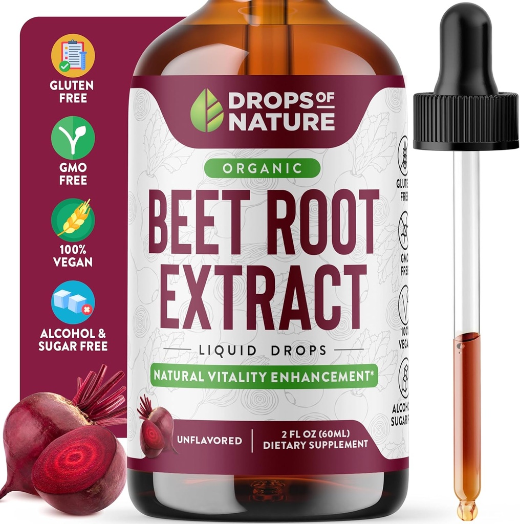 Beet Root Liquid Supplement - Organik Beets Extract - Vegan ve Pure - Gummies, Chewables and Capsules - Supports Energy, Vitality & Circulation (Unflavored, 60mL)
