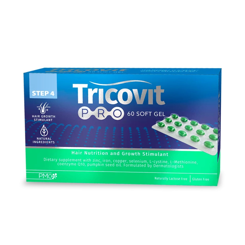 Tricovit Pro συμπλήρωμα ανάπτυξης μαλλιών - Θεραπείες απώλειας μαλλιών για γυναίκες & άνδρες Αναπτύχθηκε από δερματολόγους - Περιέχει DHT αποκλειστές, Αμινοξέα & Βιταμίνες για την προώθηση της αναγέννησης κυττάρων (60 Softgels)