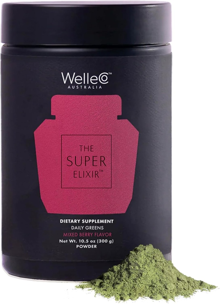 WelleCo The Super Elixir Daily Greens Toz, Probiyotik İçecek Mix with Whole Foods, Gluten Free, Vegan Gut Health Toz, Enerji, Immunity, Sağlıklı Skin, Hair & Nails (300g, Karma)