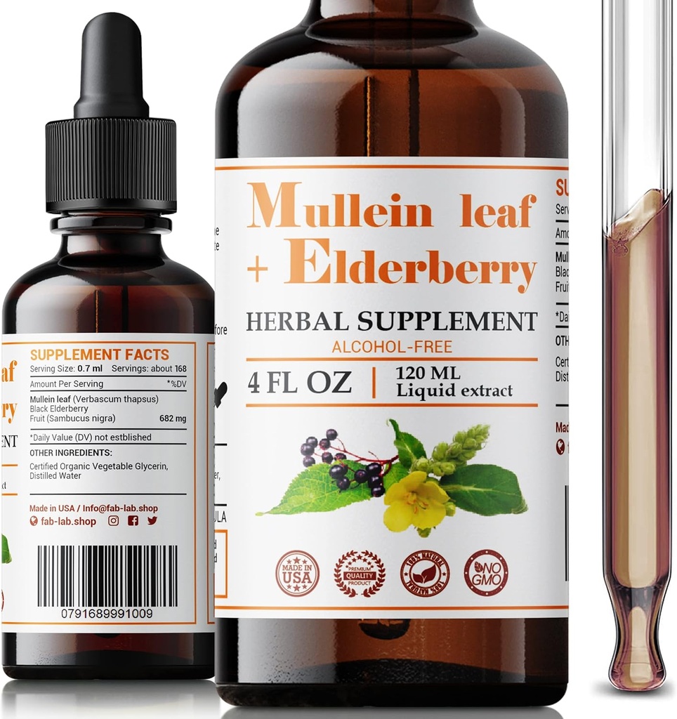 FabLab Mullein Leaf Extract with Elderberry 4 Fl Oz - Amerika'da Yapıldı - Daha İyi Lung için Merdiven - Lung Detox için Merdiven - Bronchial Cleanse for Smokers - Respiratory Herbal Supplement