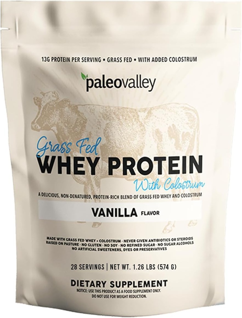Paleovalley 100% Grassfed Whey Protein Powder με Colostrum, 13g πρωτεΐνη, βανίλια, οικοδόμηση μυών, ανοσοποιητική υποστήριξη, υγεία των ούρων