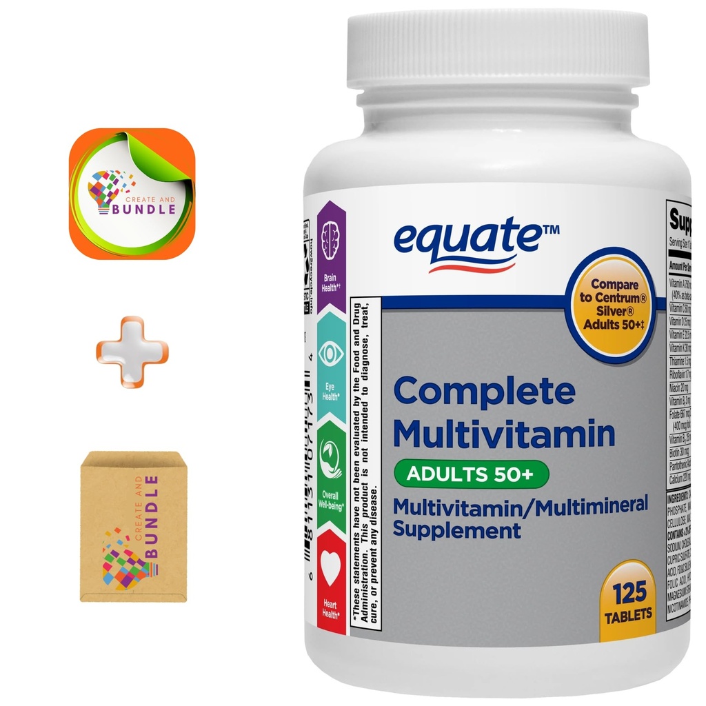 Equate Yetişkin 50+ Bir Günlük Tam Çokvitamin/Multimineral Tamam, 125 Tablet, 50 + Createandbundle Style için Kapsamlı Çokvitamin