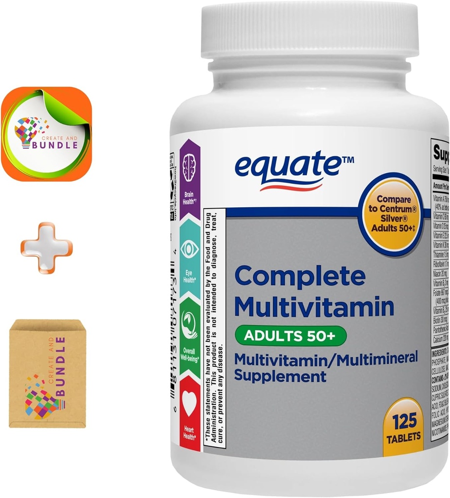 Equate Yetişkin 50+ Bir Günlük Tam Çokvitamin/Multimineral Tamam, 125 Tablet, 50 + Createandbundle Style için Kapsamlı Çokvitamin