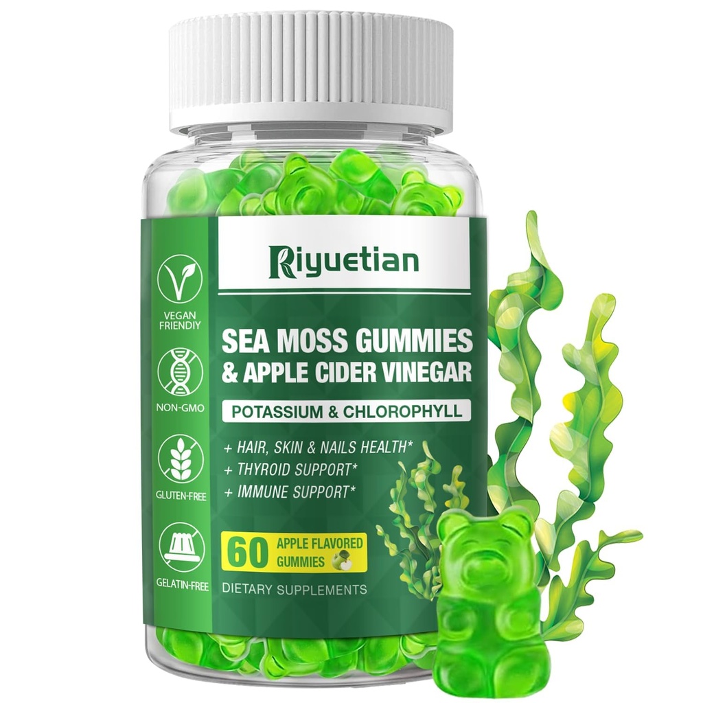 Sea Moss Gummies - 60 Kont - Doğal Apple Flavor ile Made with Natural Apple Flavor - Seamoss Supplement for Energy, Immune Support - Formulated Bladderwrack & Burdock Root - Vegan, Non-GMO İrlandalı Moss Gummy