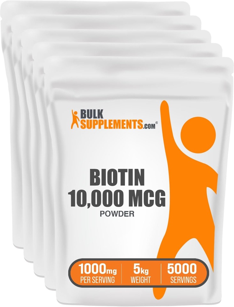 BulkSupplements.com Biotin 10000mcg σκόνη - Βιταμίνες για τα μαλλιά, το δέρμα και τα νύχια - ως βιταμίνη Β7, Χωρίς γλουτένη, 1000mg ανά σερβίροντας (10mg Biotin), 5kg (11 lbs) (Συσκευασία των 5)