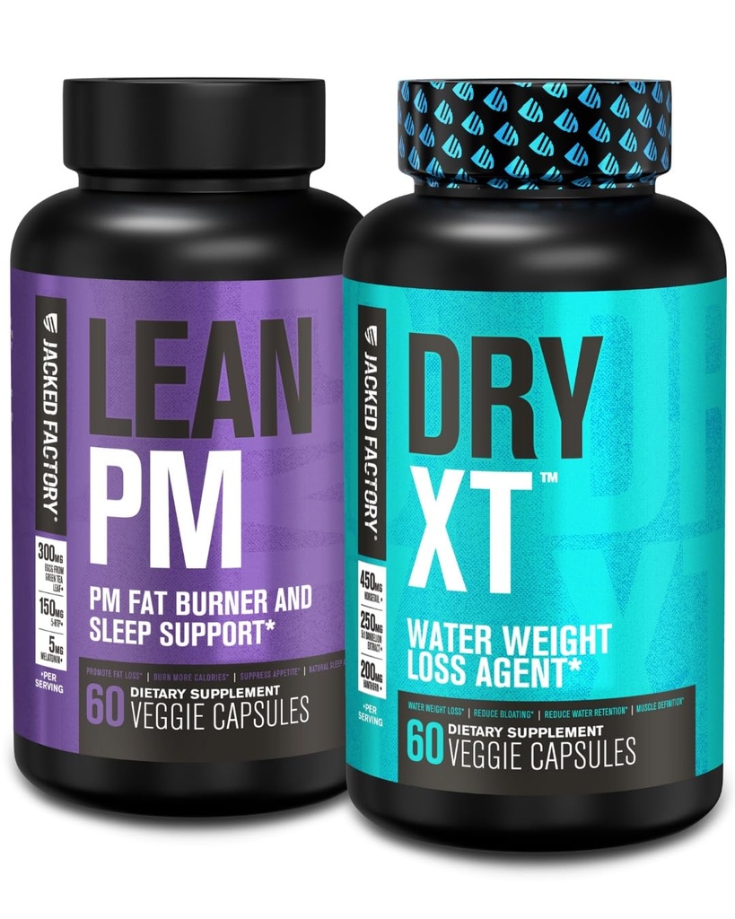 Jacked Factory Lean PM Night Time Fat Burner, Sleep Aid Suppressant, & Opetite Suppressant (60 κάψουλες) & Dry-XT Απώλεια βάρους νερού Διουρητικά χάπια (60 κάψουλες)