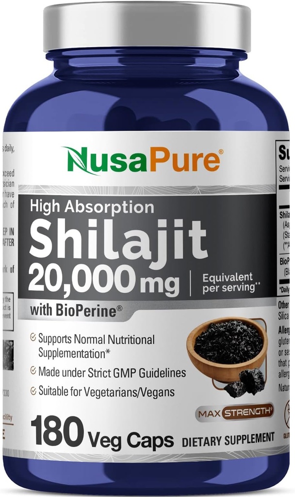 NusaPure Shilajit 20,000 mg per Service, 180 Veggie Caps, Non-GMO, Gluten Free, Bioperine
