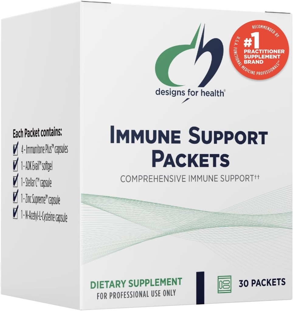 Designs for Health Immune Support Packets - One Month Supply Vitamin Packs with Immunitone Plus Mushroom Complex + Herbs, NAC, Vitamin D + K, Zinc + Vitamin C (30 Packets)