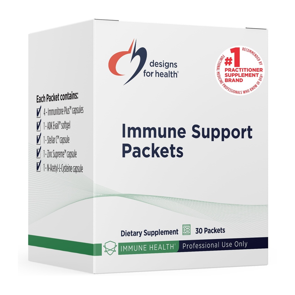 Designs for Health Immune Support Packets - One Month Supply with Immunitone Plus Mushroom Complex, Herbs, NAC, Vitamin D + K, Zinc, and Vitamin C (30 Packets)
