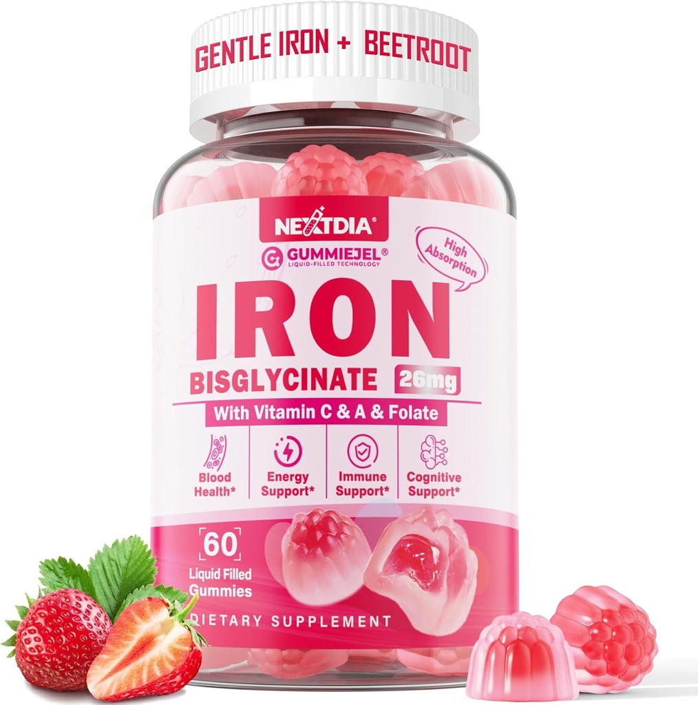 Kadınlar ve Erkekler için demir Gummies - Demir Bisglycinate ile yetişkinler için C Folate B12 Çinko, Demir Eksikliği için Chewable Gentle Iron, Enerji Boost, Non-Constiping & After Taste, Sugar-Free 1 Pack